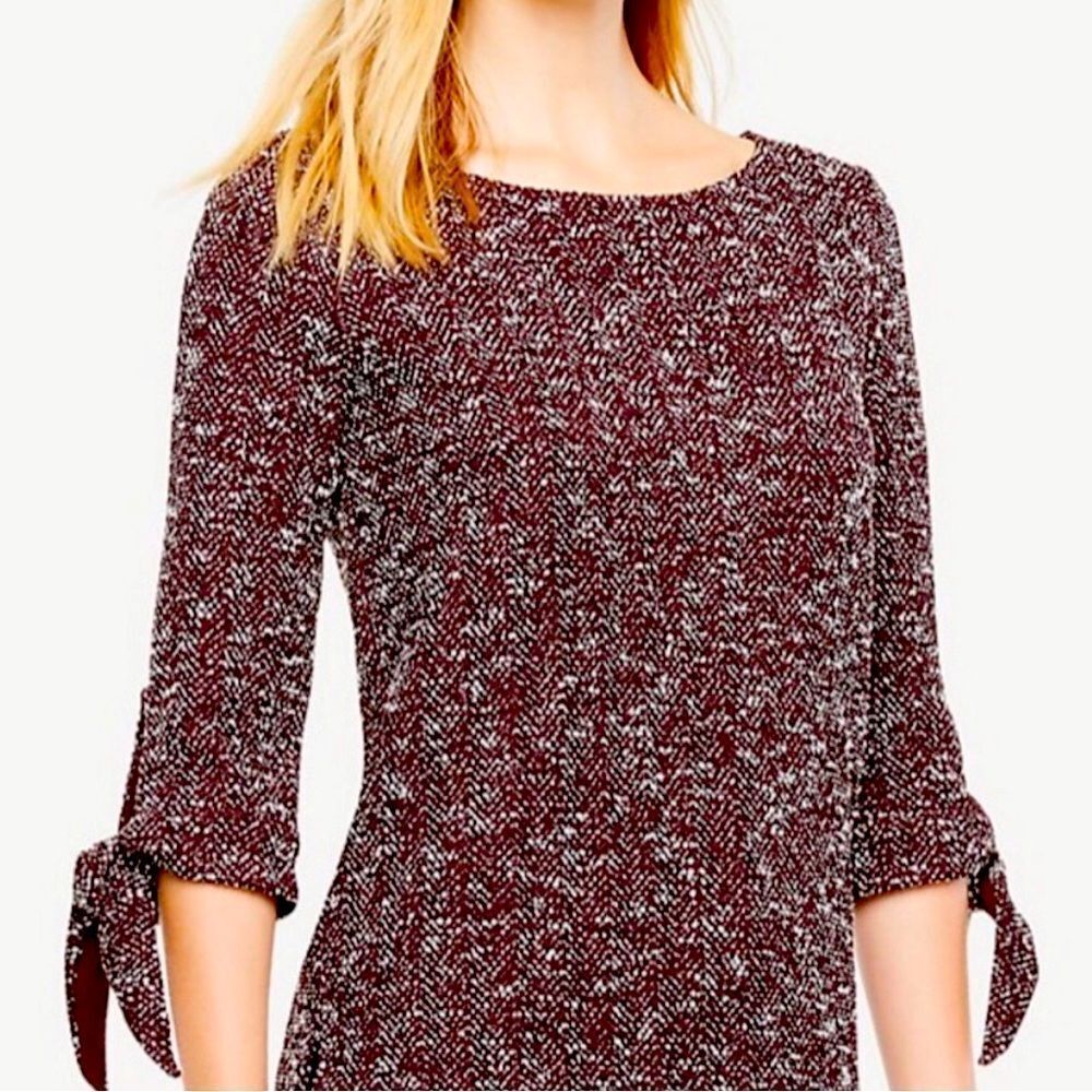 Ann Taylor Burgundy White Boucle Bow Sleeve Pullover Top